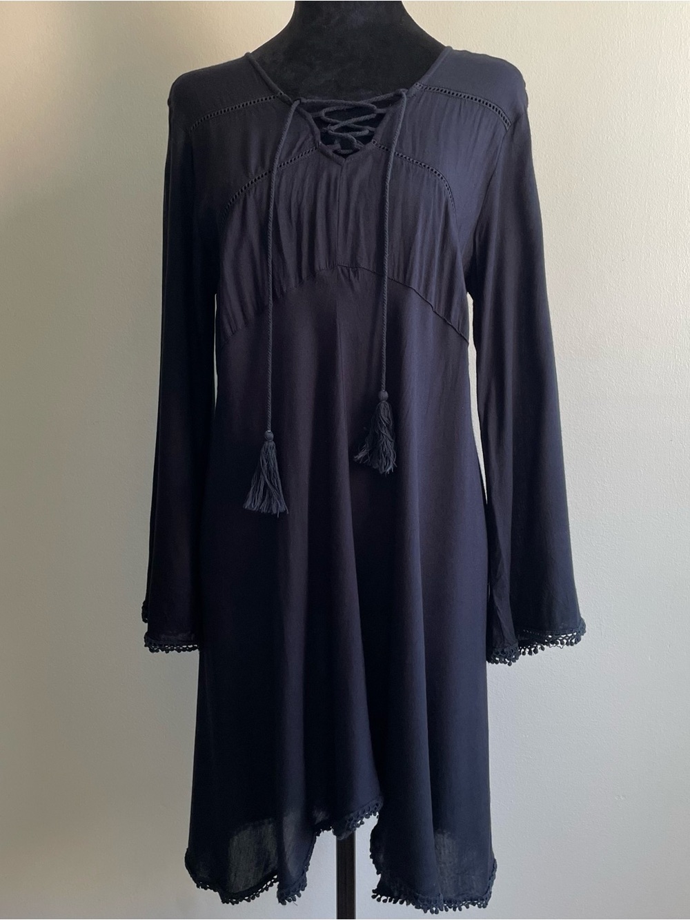 Black Boho Cotton Tunic Dress Lace-Up Neck Tassels Size M